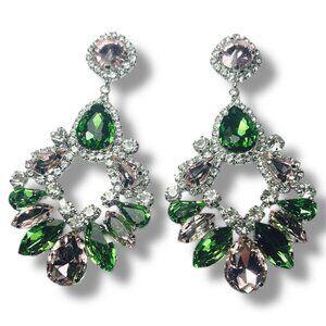 Art Deco Silver Toned Fashion Earrings with Green, Pink, and Clear Rhinestones